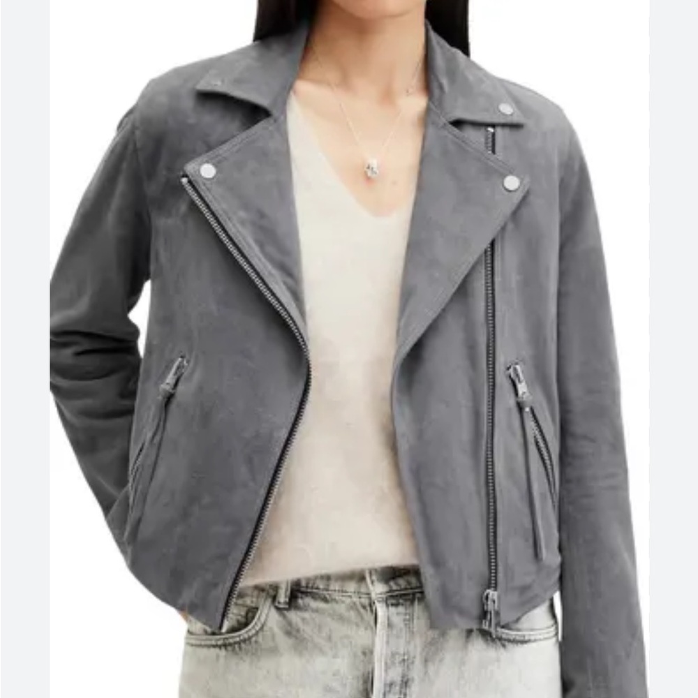AllSaints grey suede moto jacket in a size 2. Work a few times, good condition